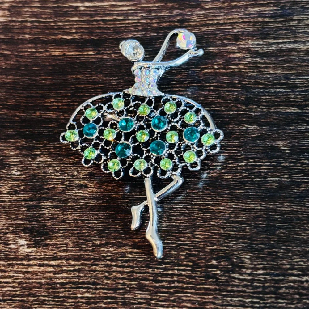 Silver Tone Ballerina Brooch Green Teal Rhinestone Dancer Pin